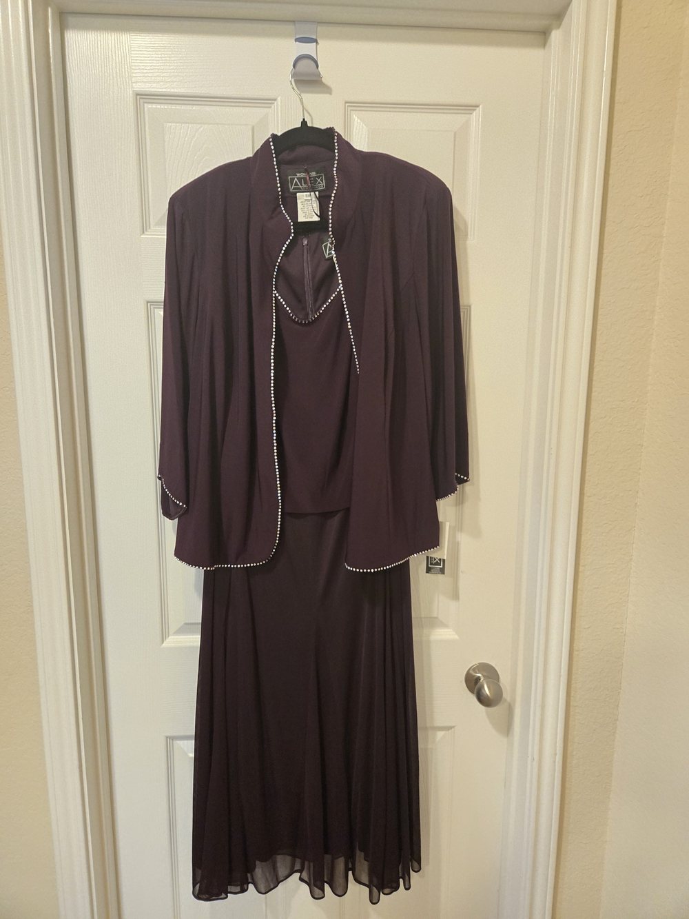 Alex Evenings Deep Plum Three-Piece Evening Outfit with Beaded Trim